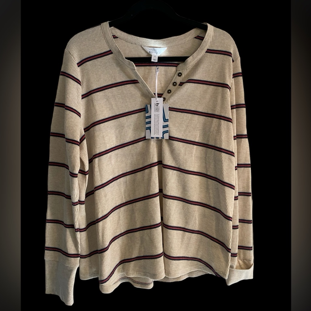 Market & Spruce Women's Waffle Knit Henley Shirt Tan With Stripes Long Sleeve — image 3 of 8